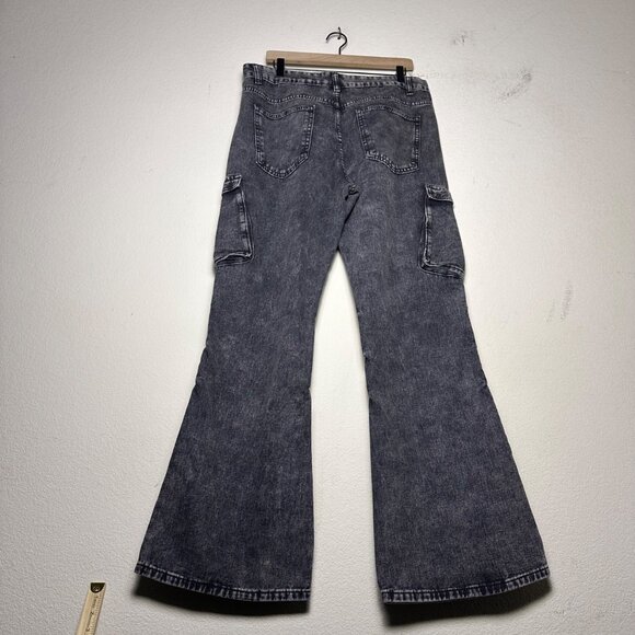 Manfinity Denim Jean Pant Women L Flared Bootcut Cargo Black Washed Punk Grunge - Picture 2 of 12